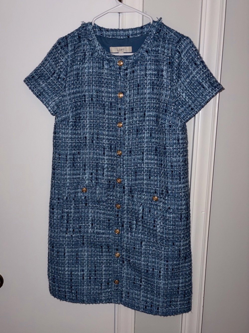 LOFT Blue Tweed Button-Front Mini Dress